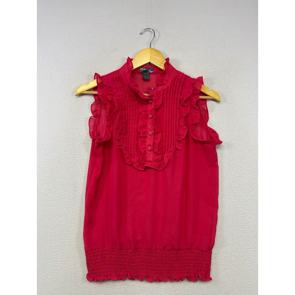 Romantic Poetry Clothing Womens Large Red Ruffle Pintuck Smocked Chiffon Blouse